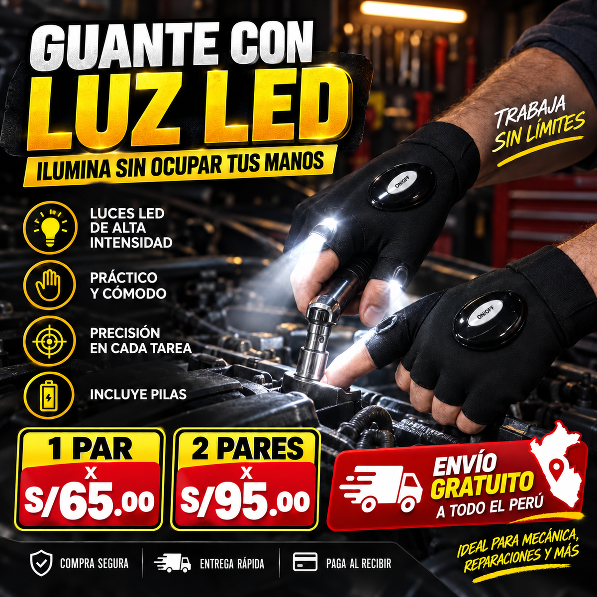 Guante con Luz LED Manos Libres PRO